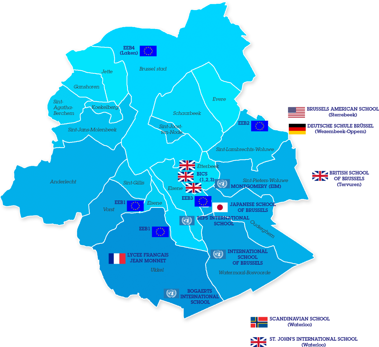 Landkaart van internationale scholen in Brussel internationale-scholen-brussel