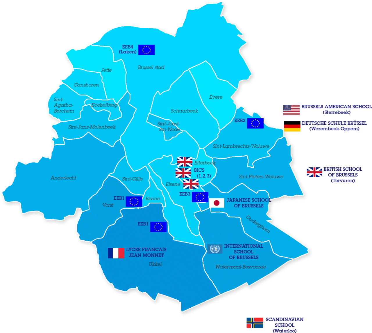Landkaart van internationale scholen in Brussel internationale-scholen-brussel